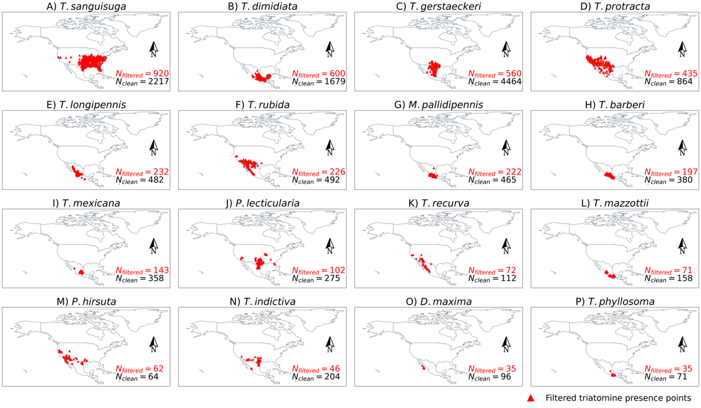 Geospatial Habitat Distribution of 16 Predominant Kissing Bug Species in North America