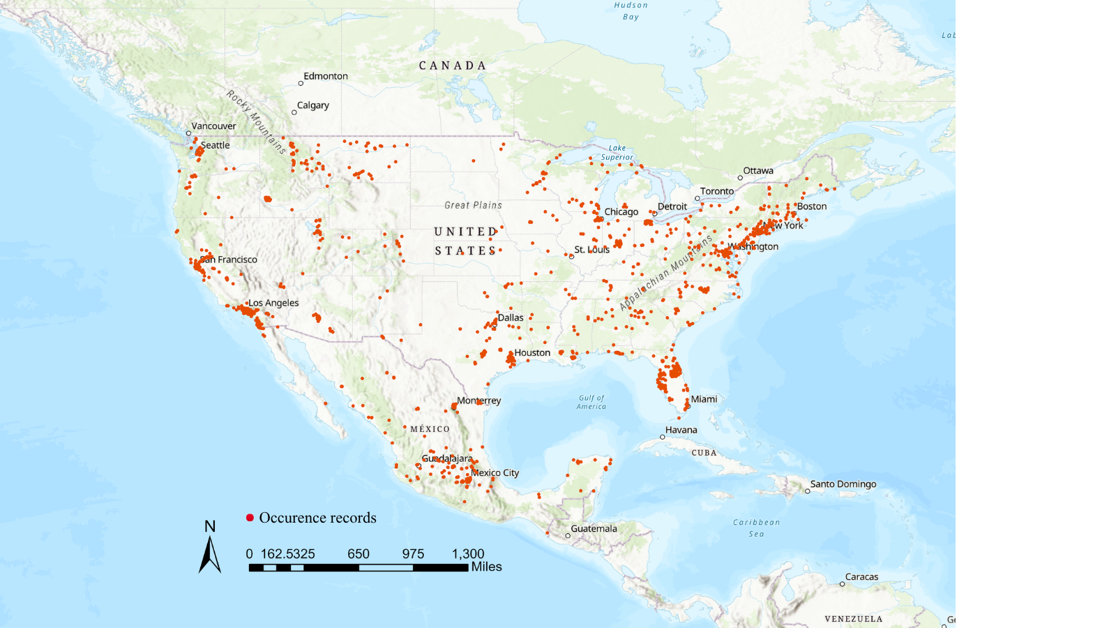 Occurrence map of C. p. pipiens and C. p. quinquefasciatus mosquito species in North America between 2020-2025