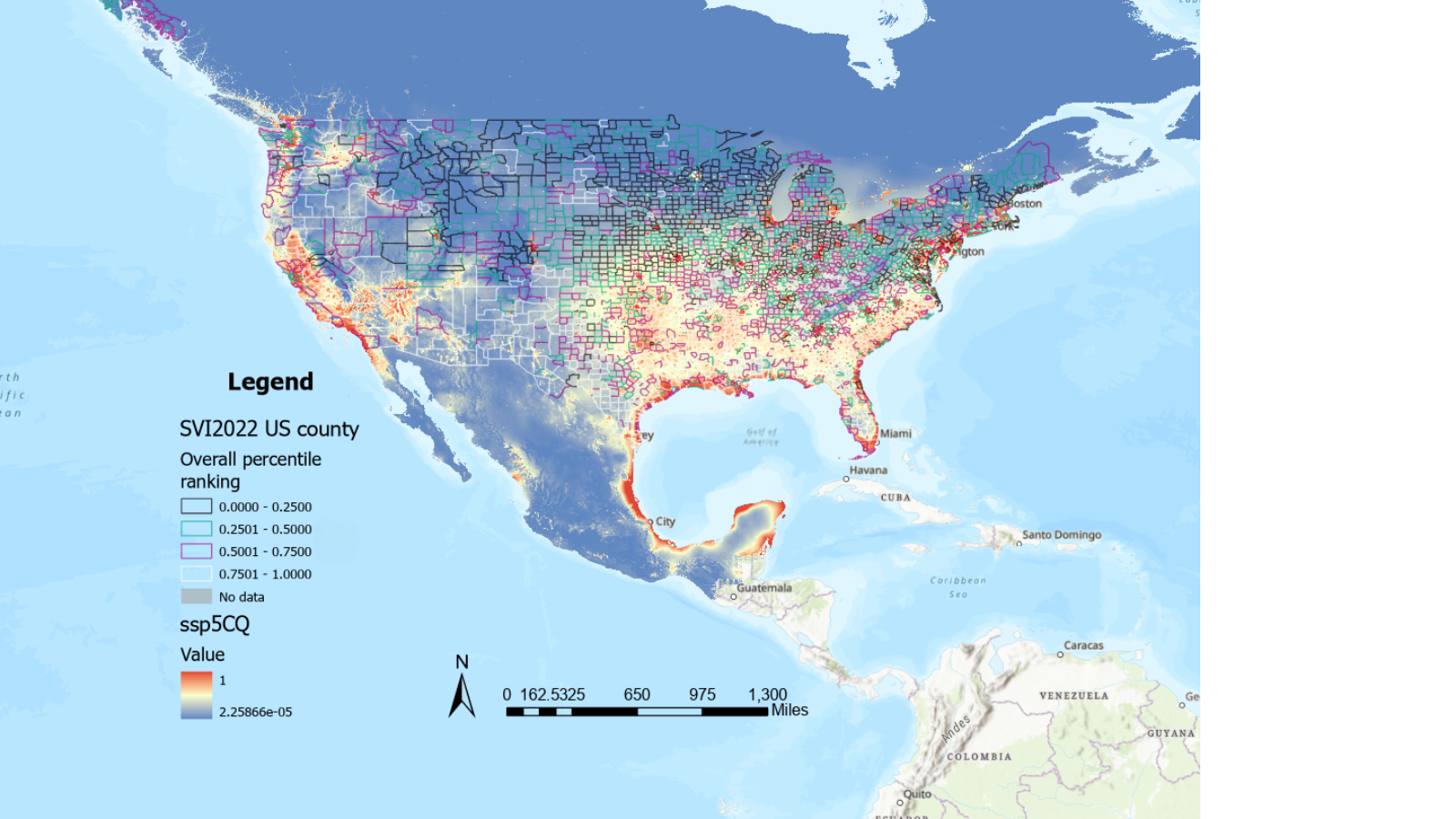 Overlay of C. p. quinquefasciatus habitat suitability under SSP5 with Social Vulnerability Index USA 2022